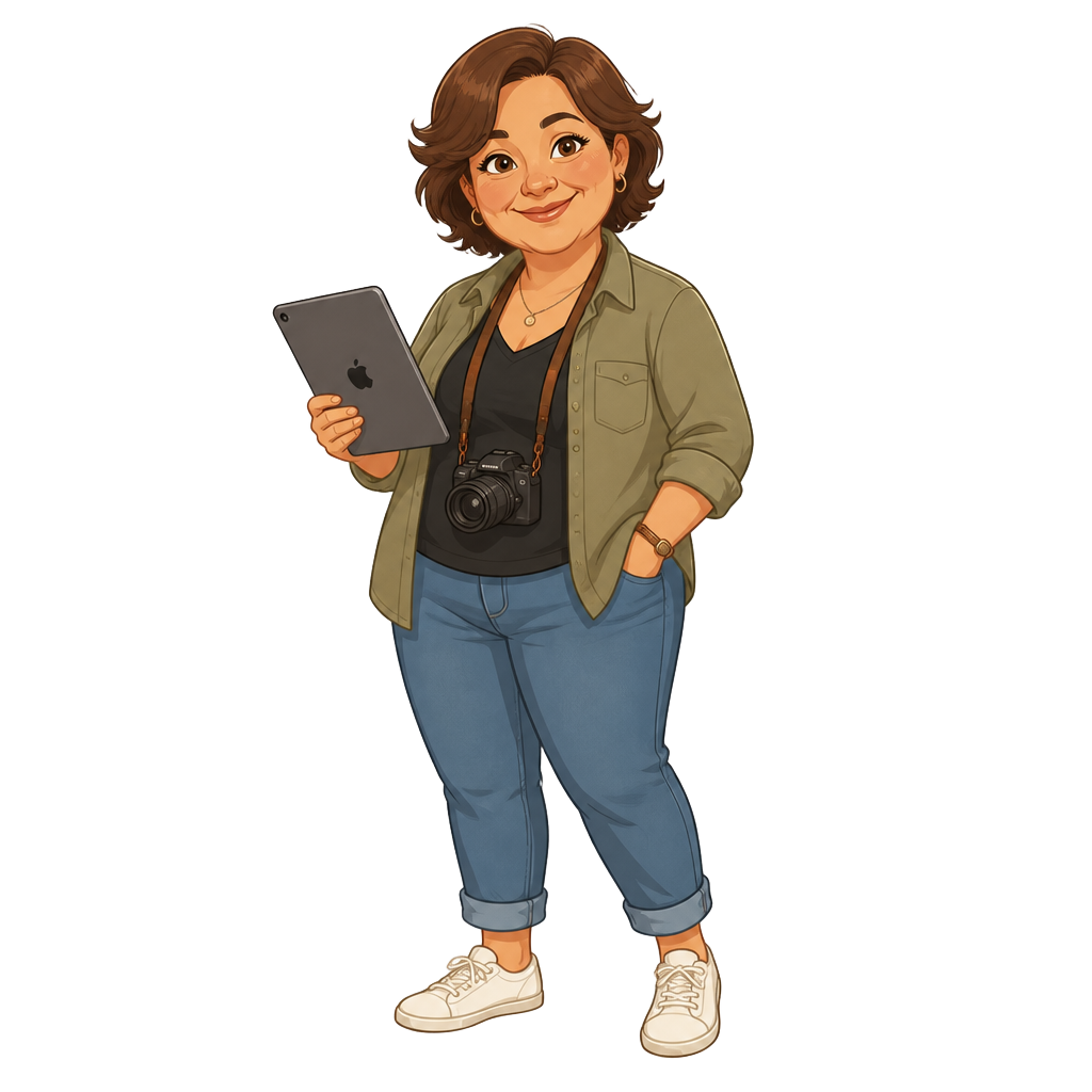 Illustrated character of Amy holding an iPad with a camera around her neck
